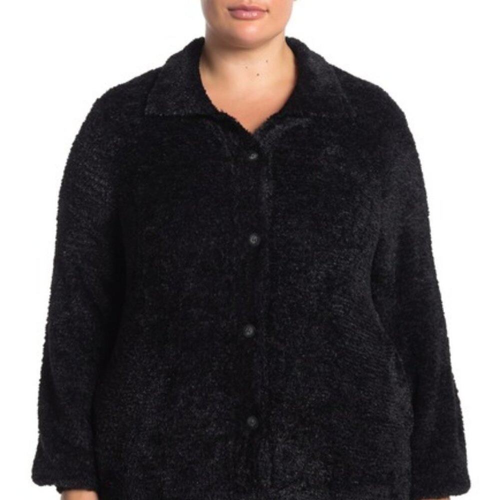 Susina Teddy Faux Fur Front Button Cardigan Sweater Long Sleeves Black Size 3X
